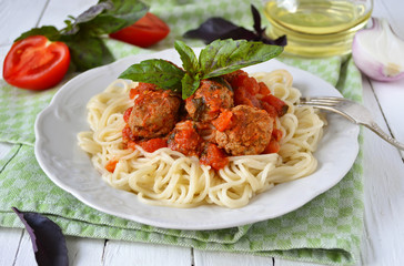 Spaghetti with tomato sauce and meatballs 
