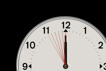 Clock showing midnight and  a 5 second countdown. Isolated on a black background