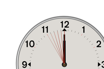 Clock showing midnight and  a 5 second countdown. Isolated on a white background