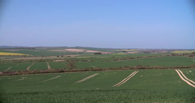 Panoramic View Of Summer Farm Fields With Crops In UK