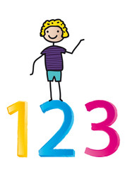 Nachhilfe, Schulkind mit drei Zahlen - Rechnen lernen in der Schule - eins, zwei, drei - bunte Ziffern