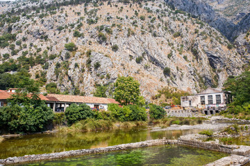 The fortress wall of bastion Bembo near the river Shkurda, the Old town of Kotor, Montenegro