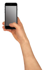 Man holding smartphone with blank screen.