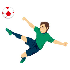 Illustration of young male professional soccer player jumping to kick ball