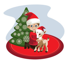 Toddler  with his pet goat