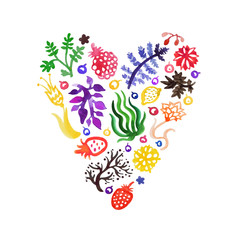Watercolor nature vector heart with flowers, berries and plants (multicolored). Perfect for invitations and other design. Valentine's day card and background.