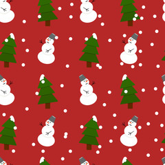 Seamless snowman and fir-trees pattern