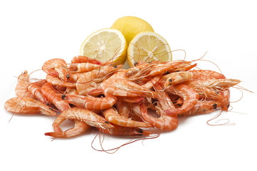 Group of fresh raw shrimp with lemon slice