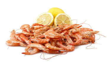 Group of fresh raw shrimp with lemon slice