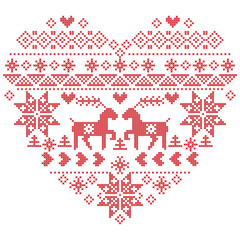 Scandinavian Nordic winter stitch, knitting  christmas pattern in  in heart shape shape including snowflakes, xmas trees,reindeer, snow, stars, decorative elements on white background 
