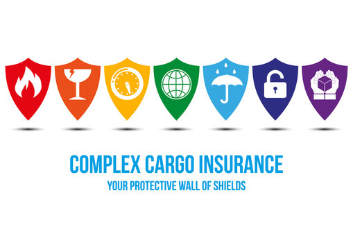 Complex personal insurance desing concept with wall of shields, every shield symbolizes protection for different areas person can encounter problem with: car, health, family, house, money, savings