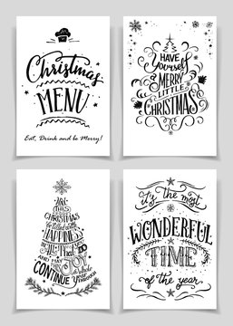 Christmas greeting cards bundle in black isolated on white background. A unique set of hand lettered holiday cards or posters for printing and design