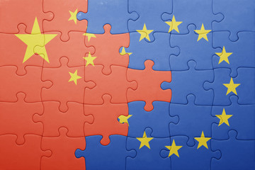 puzzle with the national flag of china and european union