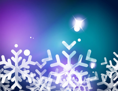 Christmas blue abstract background with white transparent snowflakes