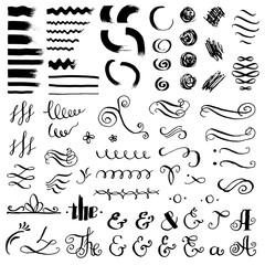 Ink doodles vector set. Lines, dots and other elements. Article A, The and Ampersand