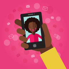 Smart phone in hand with message (email). On the pink-purple background with envelopes and dots. Video call with girl (African American).