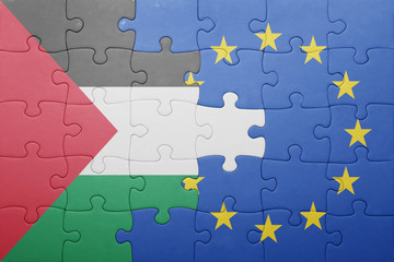 puzzle with the national flag of palestine and european union