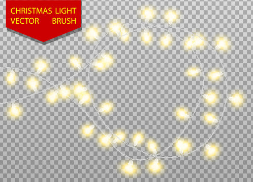 Christmas light vector brush. Golden color bulbs on transparent background