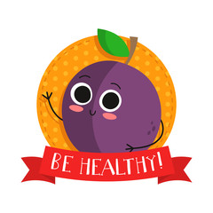 Plum, cute fruit vector character bagde