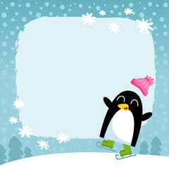 Vector penguin, winter snowy background