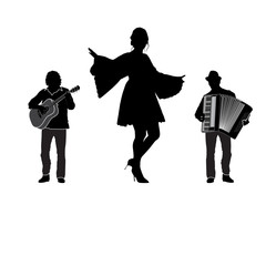 Musicians and dancer, trio, vector silhouette isolated