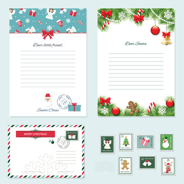 Christmas templates set. Letter from Santa Claus, Letter to Santa, envelope, postage stamps.
