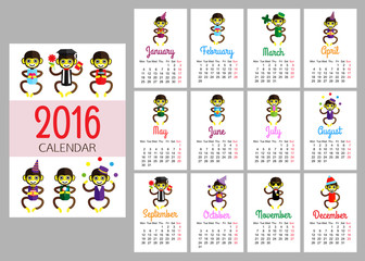 calendar vector print template with funny monkeys wearing different clothes. The year on Monkey. Cartoon design calendar for kids