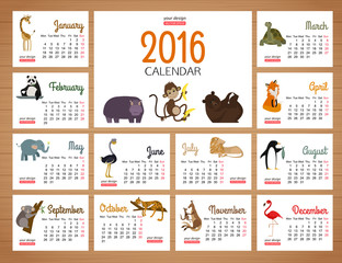 desk calendar vector print template with zoo animals. Cartoon design calendar for children. Vector illustration