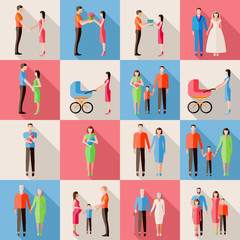 Fototapeta na wymiar Set of family icons. Flat style design. Married couples, parents with children, pregnant woman, elderly people