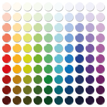 Counters - exactly one hundred round colorful plastic tokens sorted like a color swatch - from very bright to intense dark shades of all colors. Isolated vector illustration over white background.
