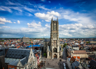 Saint Bavo Cathedral and Sint-Baafsplein, view from Belfry. Ghen