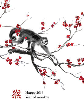 Greeting card year of monkey. A monkey walking on a branch of cherry blossom, oriental ink painting. With Chinese hieroglyph "monkey" and text "Happy 2016 Year of Monkey". For your design.