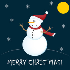Fototapeta na wymiar Christmas card with snowman and snowflakes on dark background. Vector illustration, EPS10.