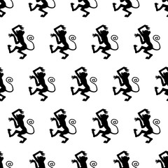 Vector background with dancing monkeys. Seamless pattern black on white. Symbol Chinese year of monkey.