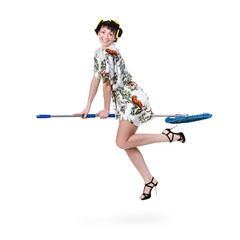 homemaker on a broom