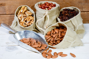 assortment of dried fruit in small bags canvas
