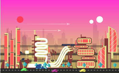 Naklejka premium Busy urban cityscape templates with modern buildings, roads, futuristic traffic