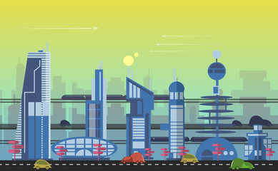Obraz premium Busy urban cityscape templates with modern buildings, roads, futuristic traffic