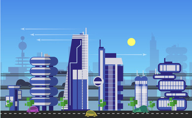 Busy urban cityscape templates with modern buildings, roads, futuristic traffic