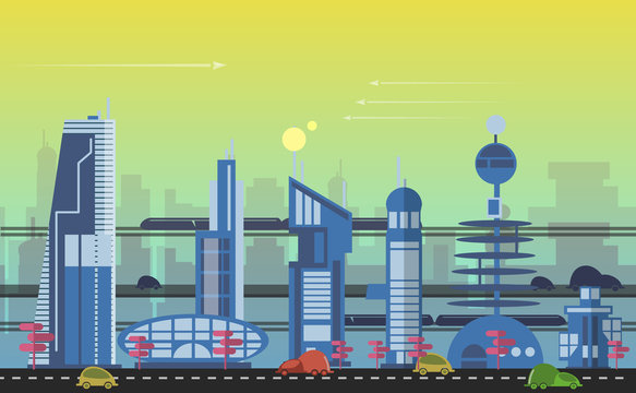 Busy urban cityscape templates with modern buildings, roads, futuristic traffic