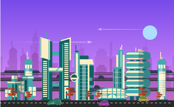 Busy urban cityscape templates with modern buildings, roads, futuristic traffic