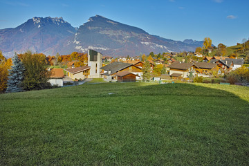 Green meadows near town of interlaken, canton of Bern, Switzerland
