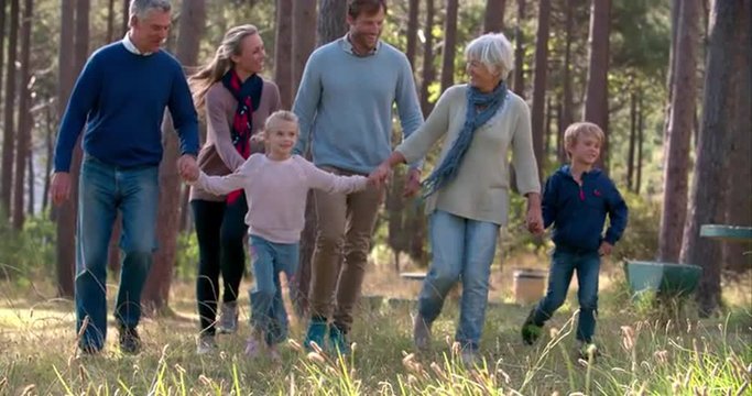 Multi generation family walking in countryside, slow motion
