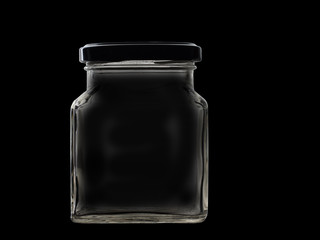 Old square glass jar isolated on black