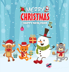Vintage Christmas poster design with snowman