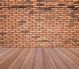 room interior red brick wall and wooden floor background