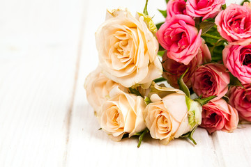 roses on white wooden planks background. flowers