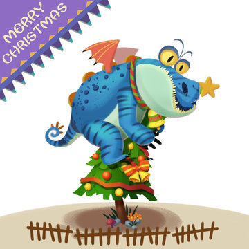 Illustration: The Sloth Dragon Monster Comes to wish You Merry Christmas! Realistic Fantastic Cartoon Style Character / Holiday Card Design.
