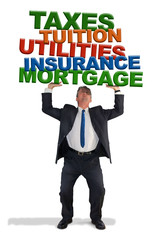 An accountant is balancing budget items, mortgage, insurance, utilities, tuition and taxes over his head representing difficulties in staying on budget but a good accountant can do the heavy lifting.