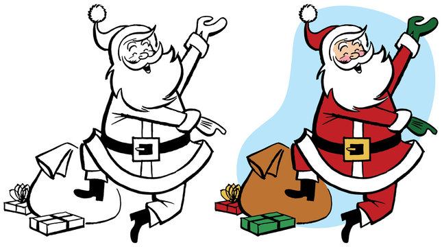 Santa Claus jumping and pointing